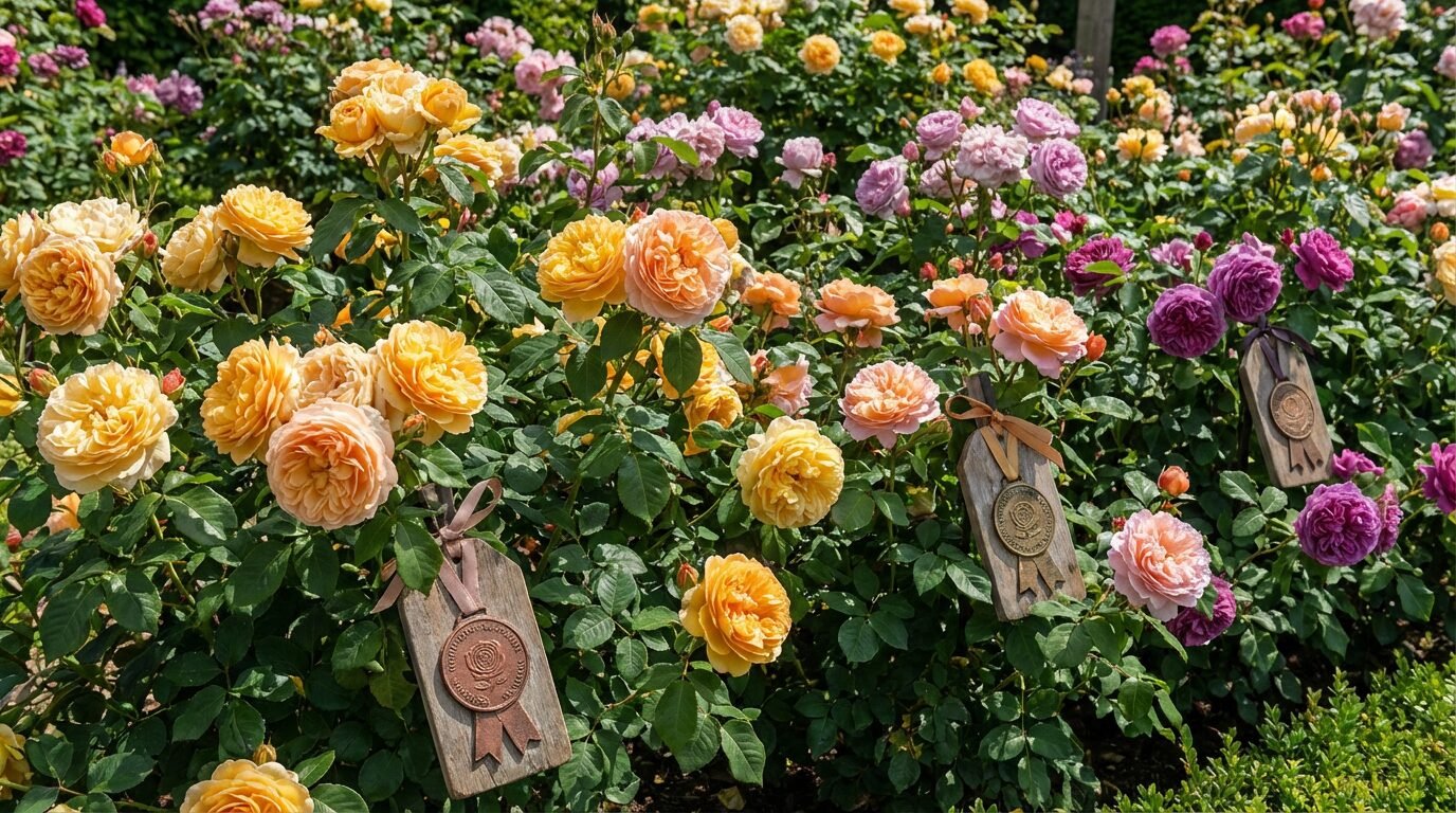 Canteiro com variedades de rosas resistentes a doenças em plena floração