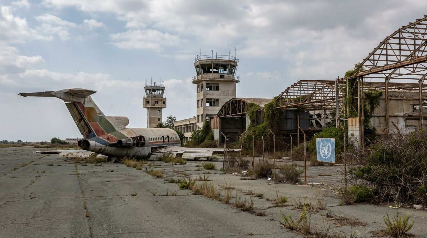 Aviões enferrujados e terminal vazio no Aeroporto Internacional de Nicósia, em Chipre, cercados por vegetação