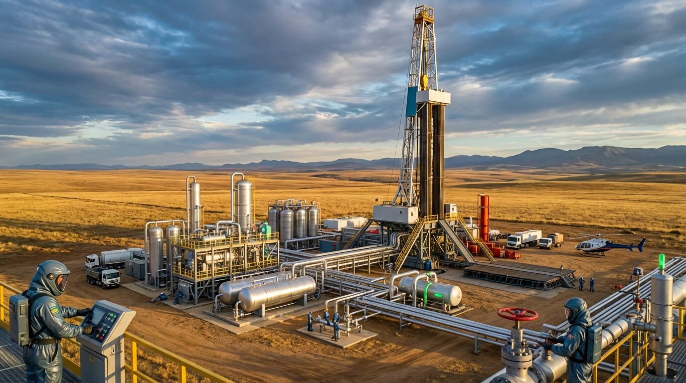 Plataforma de perfuração de gás no Free State, África do Sul, área da Renergen com infraestrutura para produção de hélio