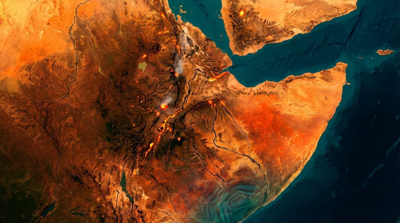Vista por satélite do Triângulo de Afar com fissuras tectônicas entre Etiópia, Eritreia e Djibuti