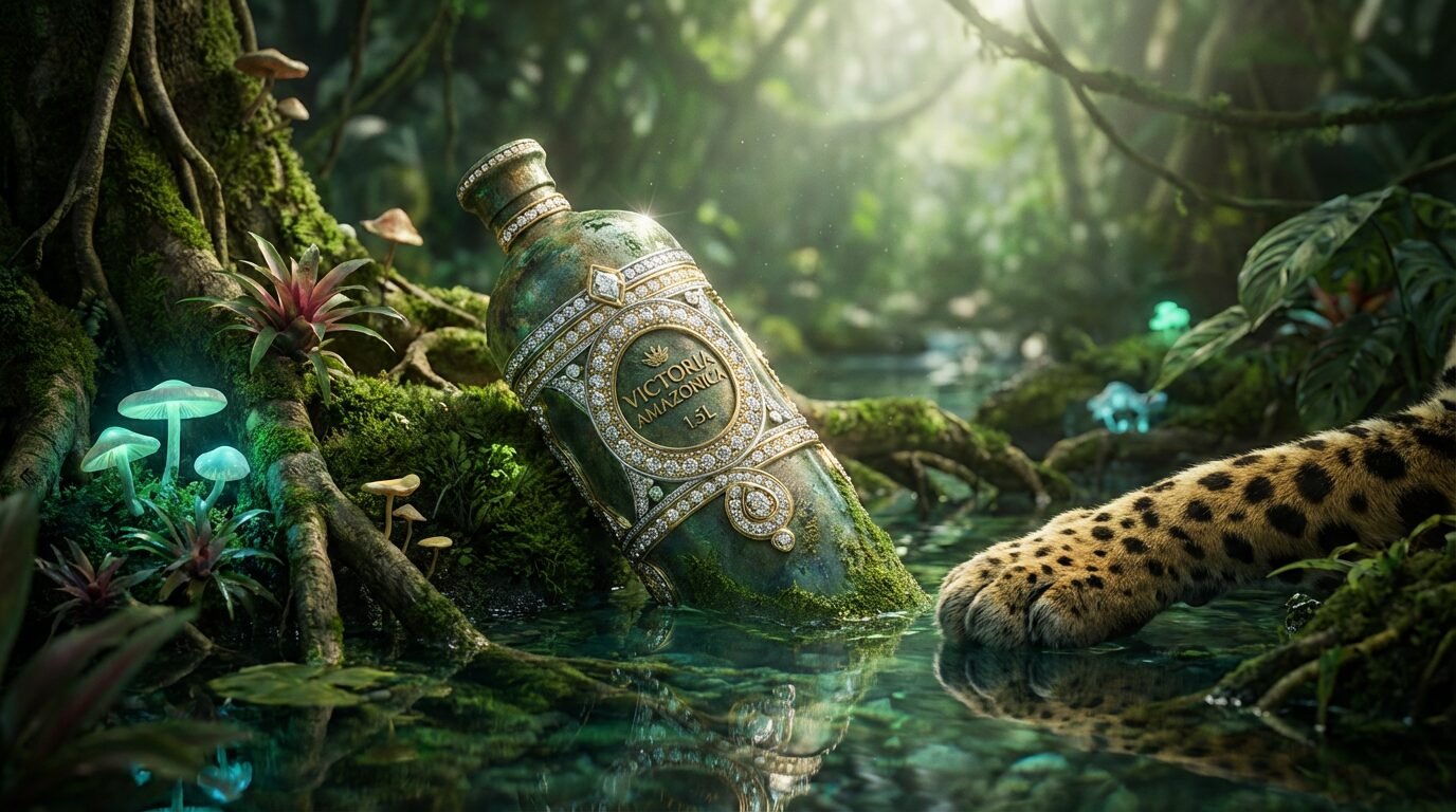 Garrafa de água Victoria Amazonica de 1,5 litro com 280 diamantes, produzida na Amazônia