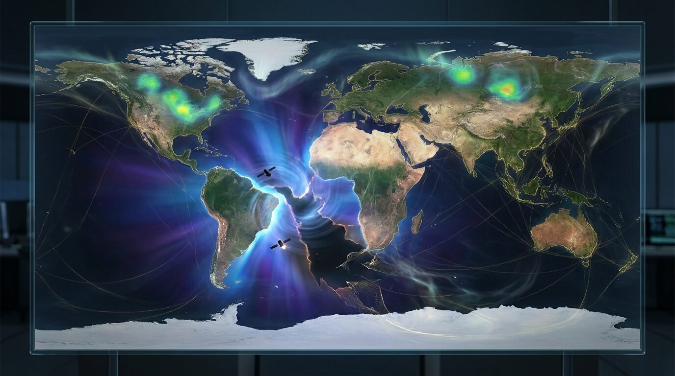 Mapa do Atlântico Sul com áreas de enfraquecimento do campo magnético entre a América do Sul e a África