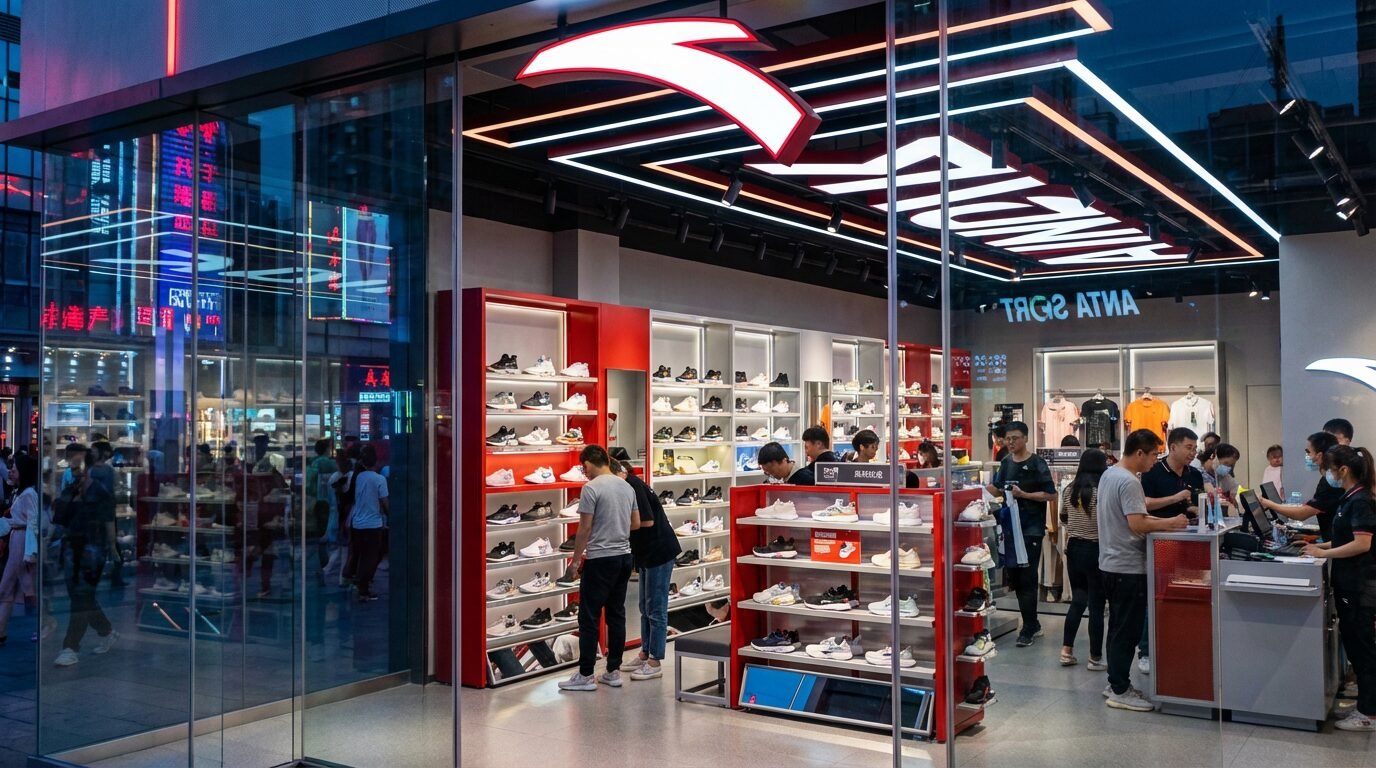 Loja da Anta Sports na China com vitrines de tênis e clientes circulando