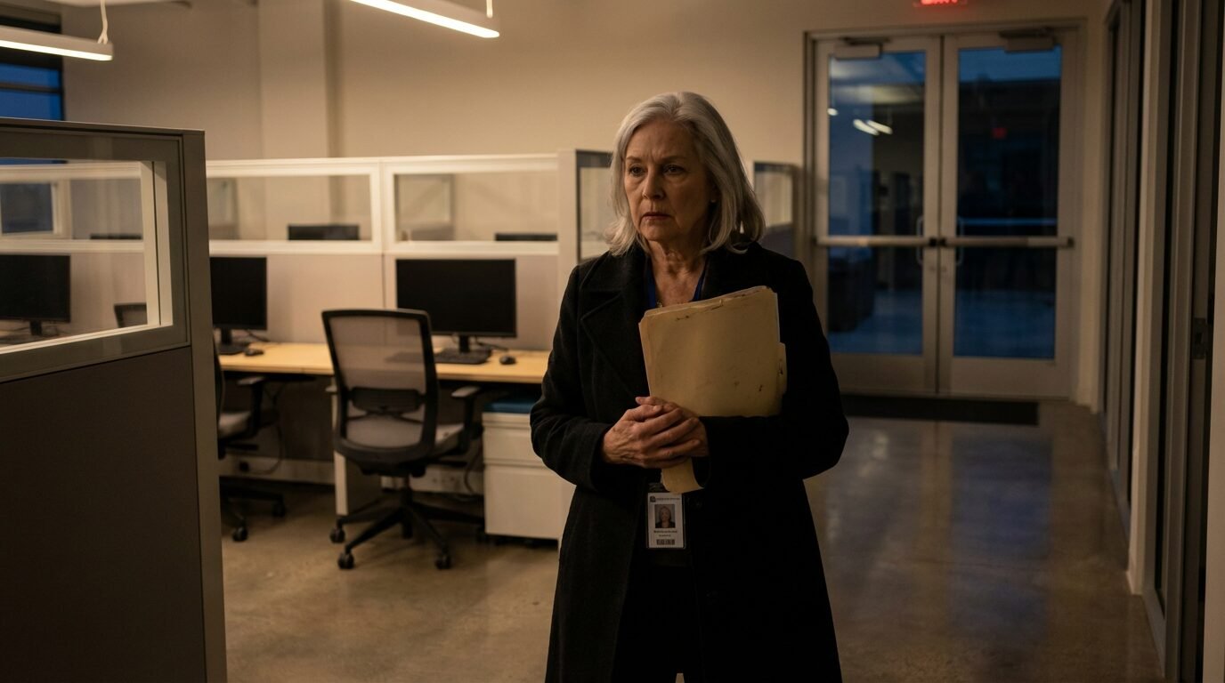 Mulher de 65 anos com crachá corporativo deixa o escritório após demissão