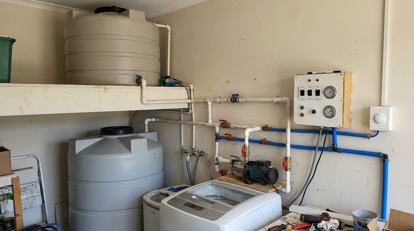 Caixas d'água conectadas por tubulações e bomba em casa, usadas para reúso de água da chuva na descarga