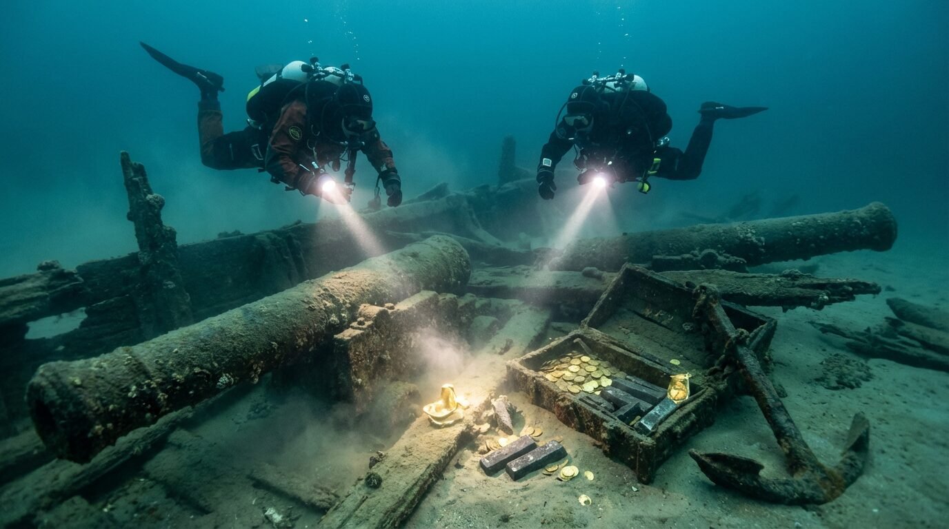 Mergulhadores examinando destroços de um galeão próximo à península de Troia, Portugal, com artefatos metálicos visíveis