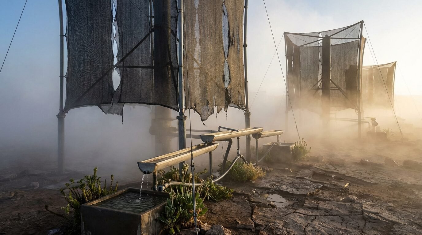 Telas coletoras instaladas no deserto do Atacama captando água da neblina ao amanhecer