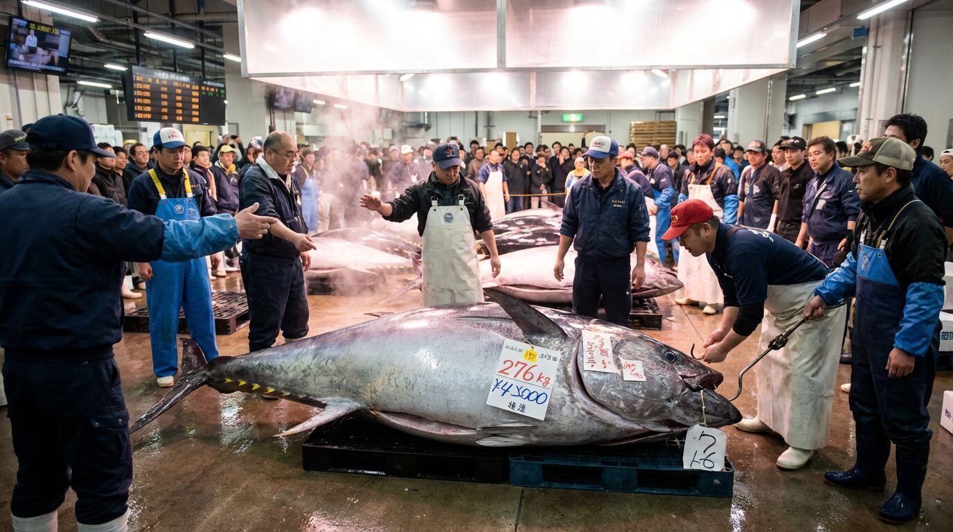 Atum-rabilho gigante exibido no leilão de ano novo no mercado de peixes Toyosu, em Tóquio