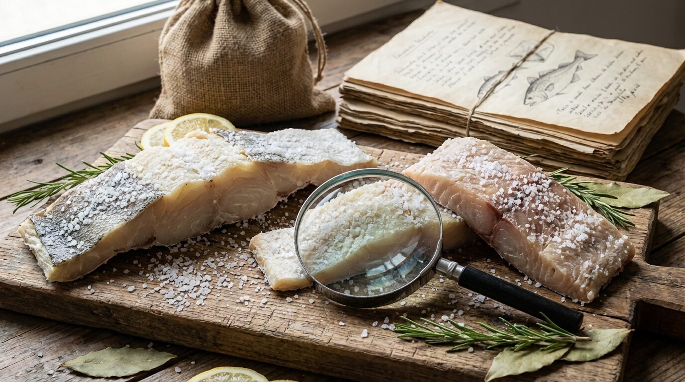 Postas de bacalhau salgado sobre mesa de madeira com sal grosso e ervas