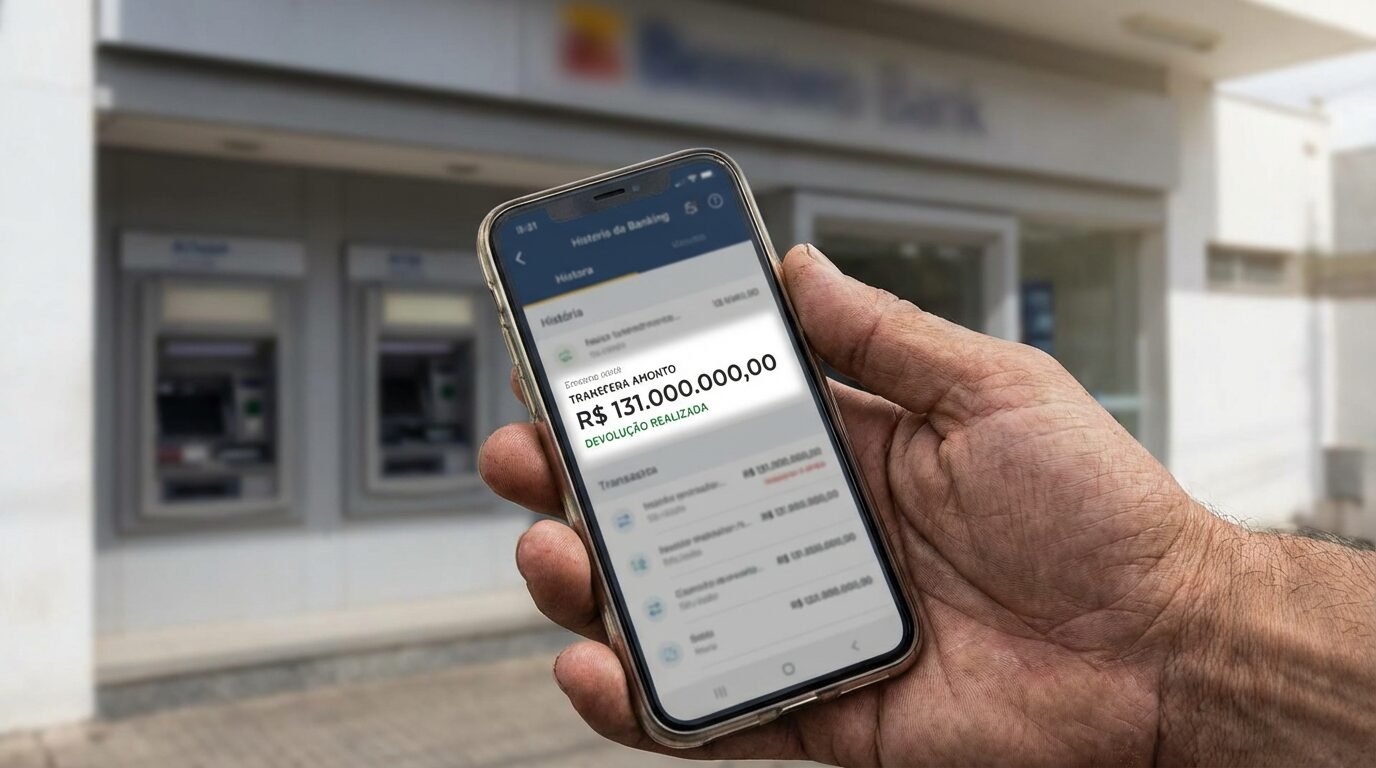 Exterior de agência bancária e tela de celular exibindo transferência de alto valor
