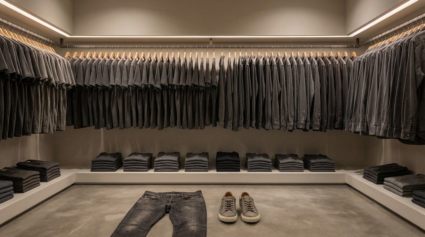 Guarda-roupa minimalista com várias camisetas e camisas iguais, penduradas de forma organizada