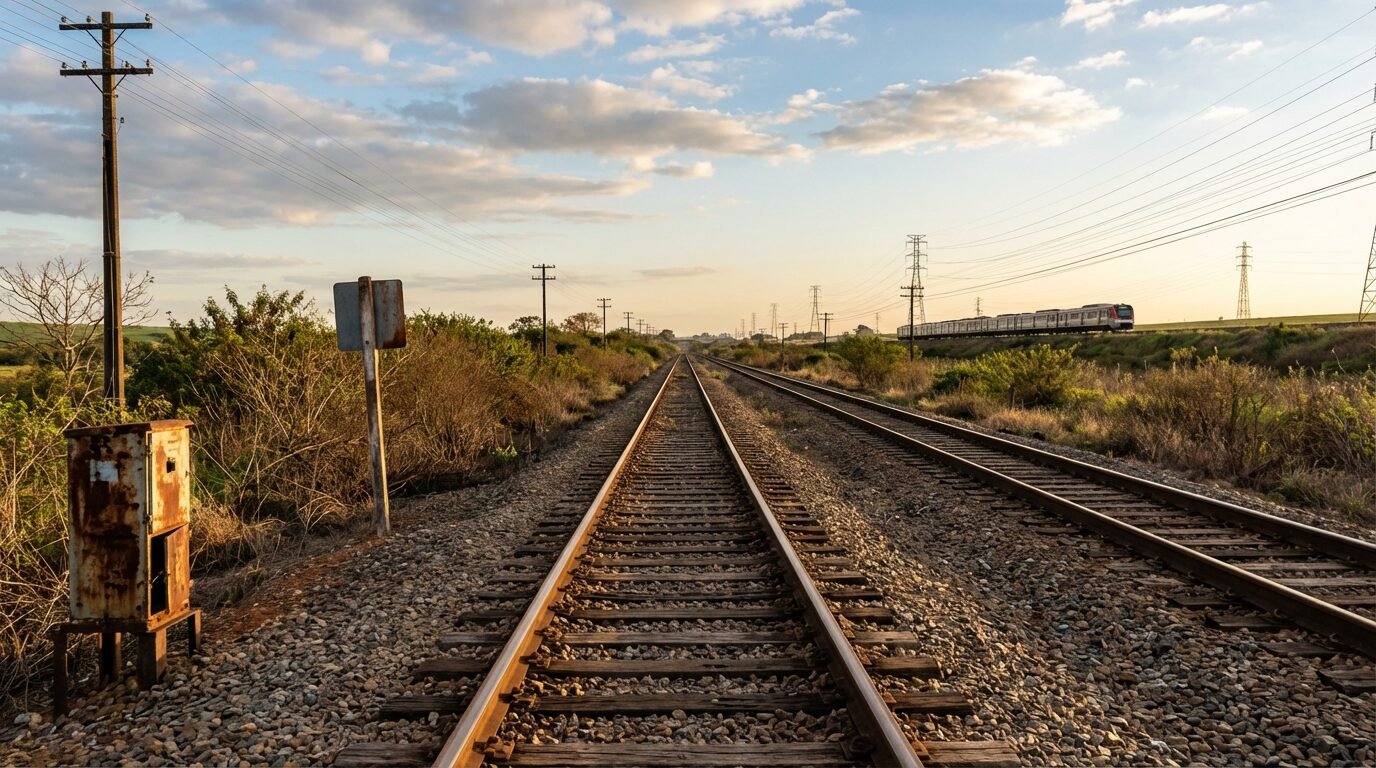 Composição de trem percorrendo ferrovia em área rural no Brasil, com longos trilhos ao horizonte