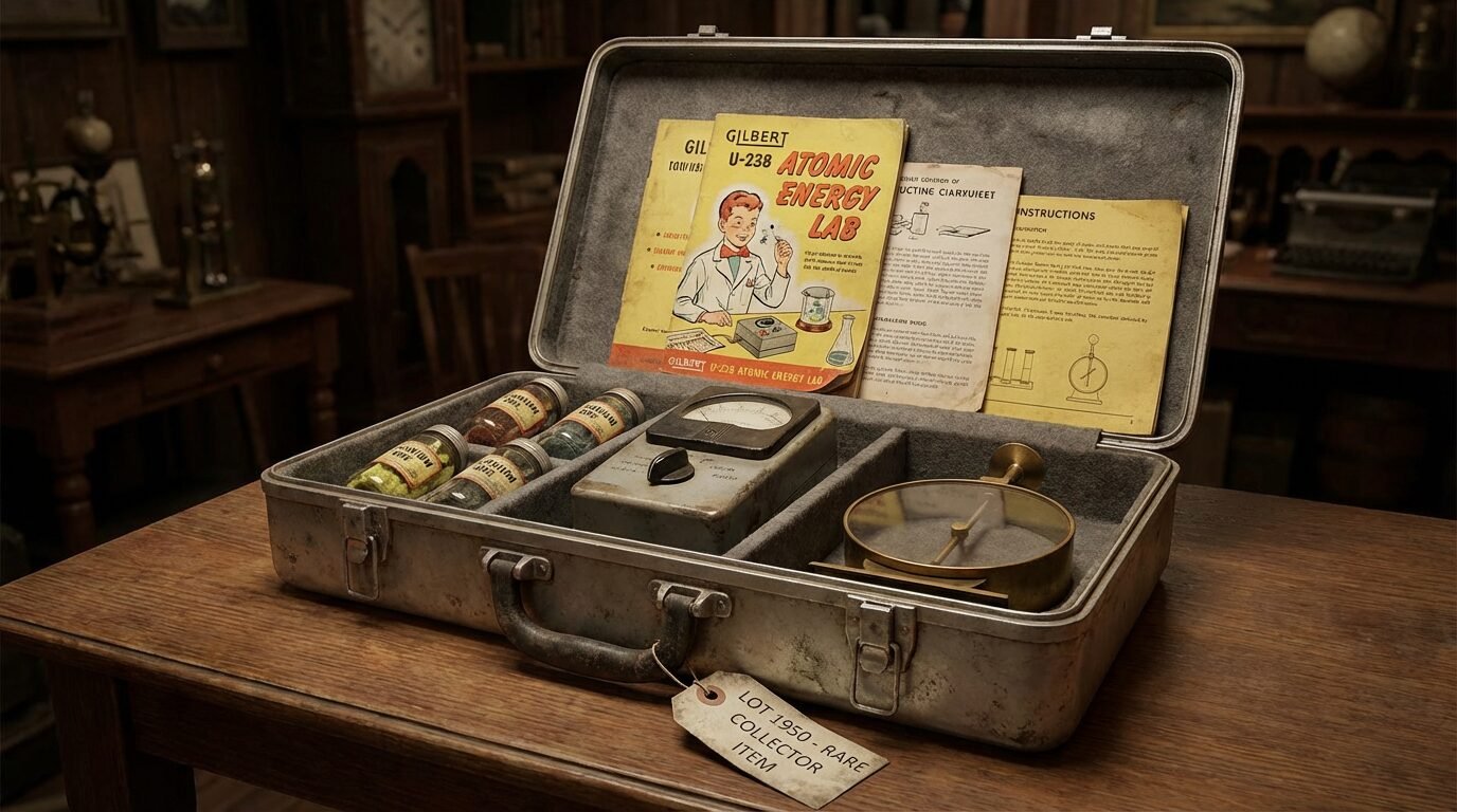 Kit Gilbert U-238 dos anos 1950 com contador Geiger e frascos de minerais de urânio sobre uma mesa
