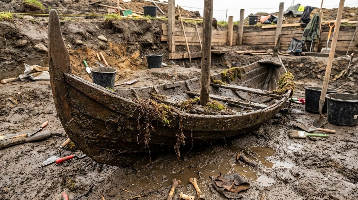 Barquinho de madeira viking de mil anos encontrado em poço em Ørland, Noruega