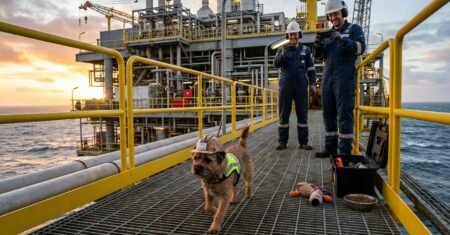 Cachorro embarca em plataforma de petróleo, surpreende equipe offshore e vídeo com adoção improvisada viraliza nas redes com humor e cuidado