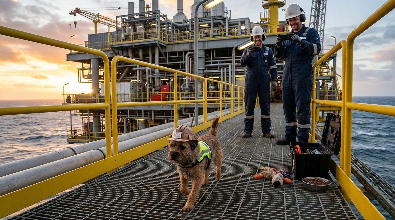 Cachorro de pequeno porte caminha no convés de uma plataforma de petróleo ao lado de trabalhadores