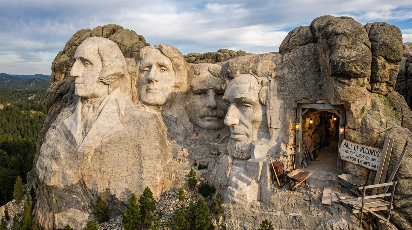 Vista do Monte Rushmore com os rostos de Washington, Jefferson, Roosevelt e Lincoln esculpidos na montanha