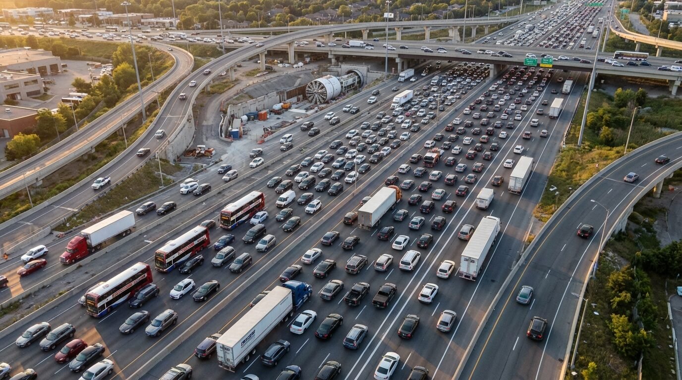 Vista aérea da Highway 401 em Toronto com múltiplas faixas e tráfego intenso