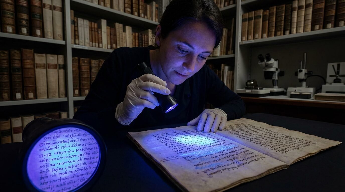Manuscrito antigo sob luz ultravioleta na Biblioteca do Vaticano revela texto siríaco do Evangelho de Mateus