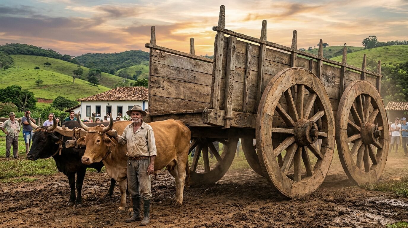Luiz Gonzaga de Assis ao lado de um carro de boi gigante de madeira com rodas altas e estrutura artesanal