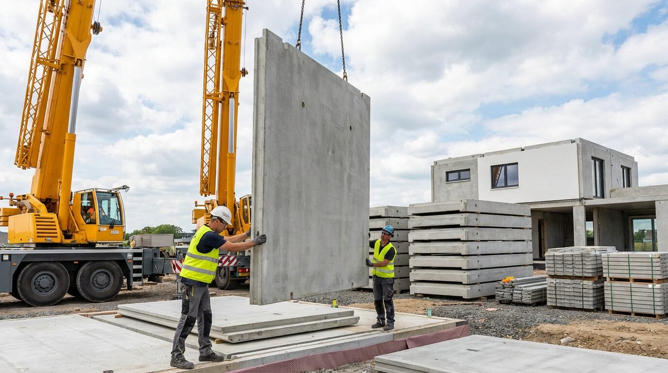 Montagem de casa pré-moldada de concreto com painéis sendo içados por guindaste em canteiro organizado