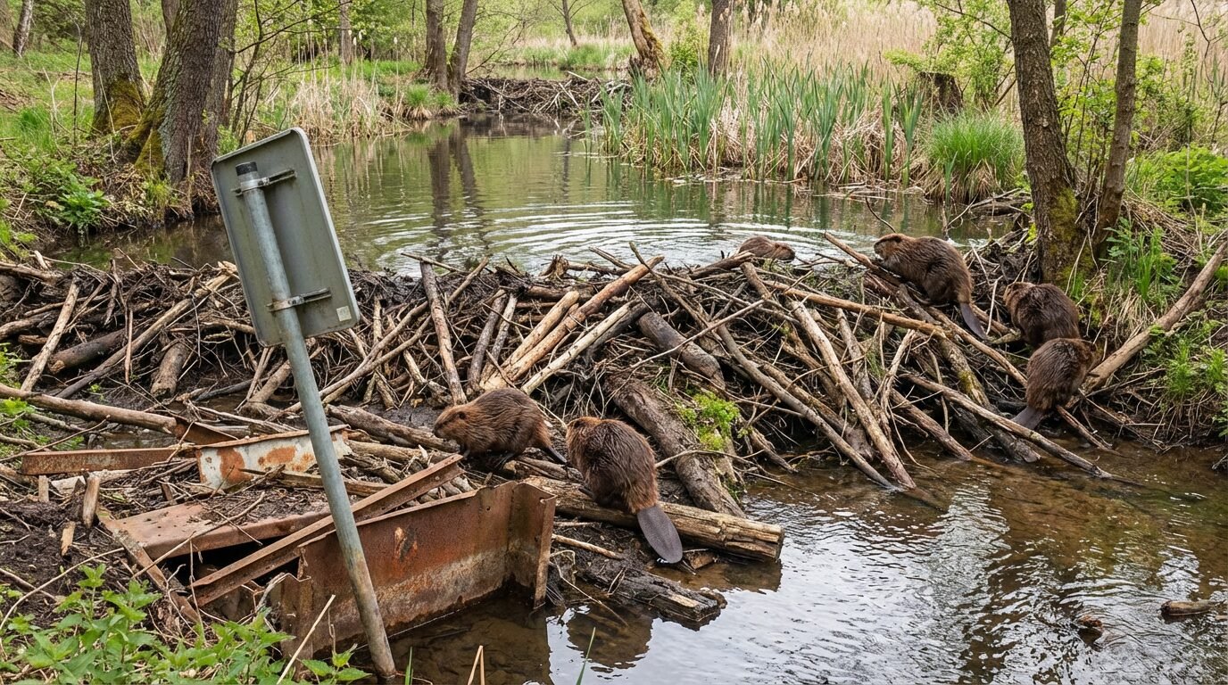 Castores europeus construindo uma represa em riacho nas montanhas Brdy, na República Tcheca