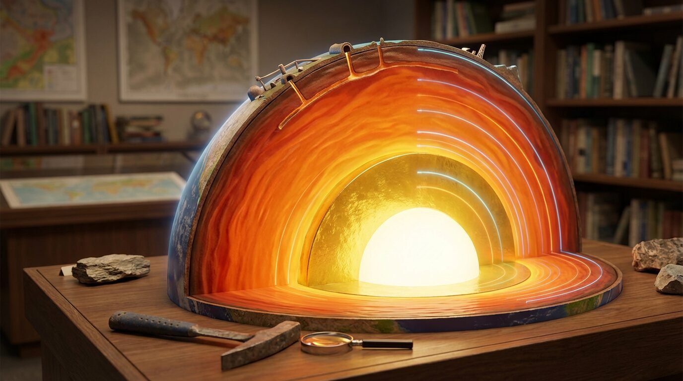 Corte da Terra exibindo crosta, manto e núcleo com variações de temperatura e pressão, evidenciando os limites das escavações profundas