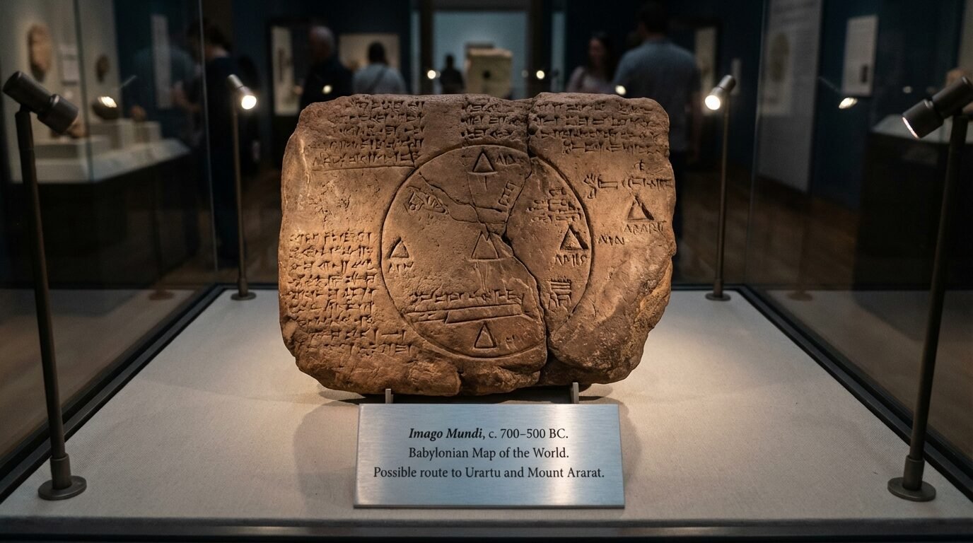 Tábua babilônica Imago Mundi no Museu Britânico apontando rota antiga para Urartu e associada à Arca de Noé