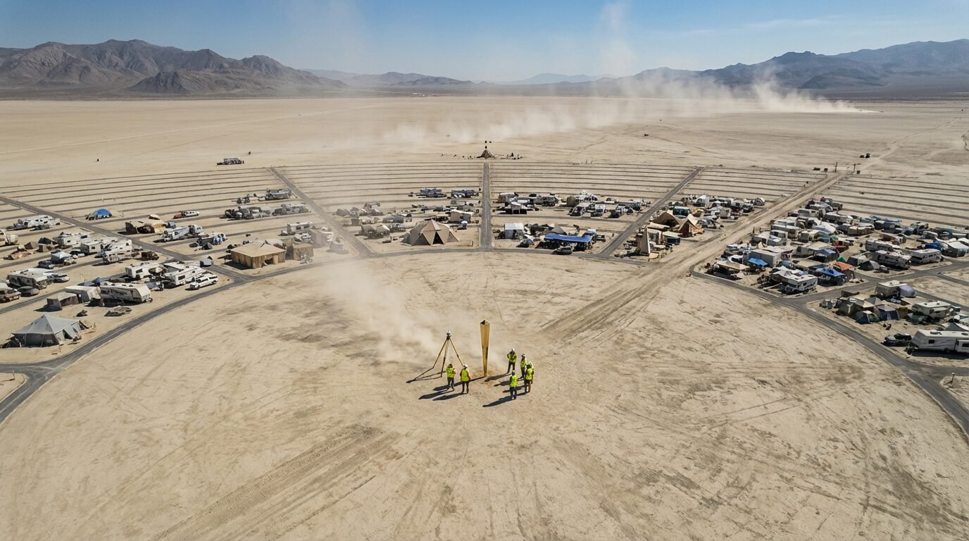 Vista aérea de Black Rock City com ruas em arco no deserto de Nevada durante o Burning Man
