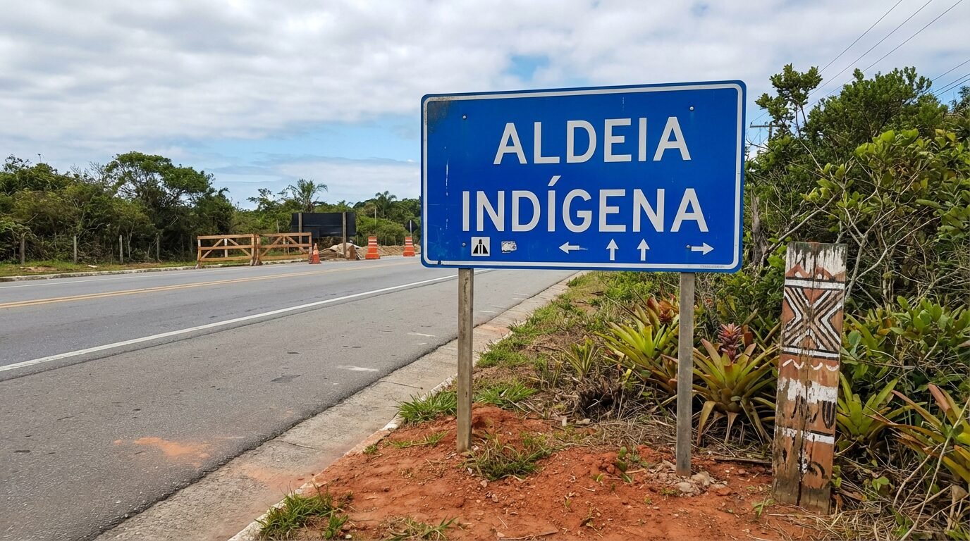 Placa na Rodovia Padre Manuel da Nóbrega com a palavra indígena grafada corretamente na divisa de Peruíbe e Itanhaém