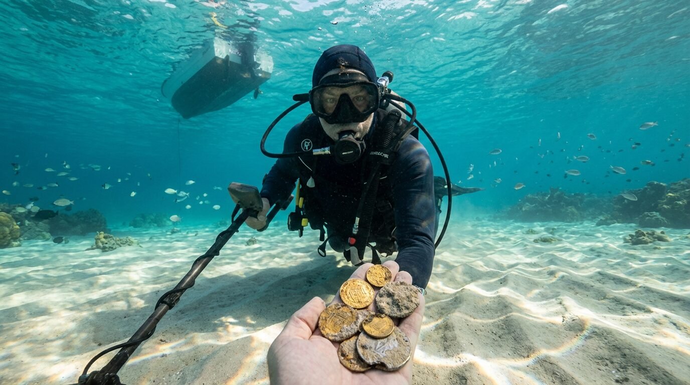 Mergulhador segurando moedas antigas de ouro e prata recuperadas na Costa do Tesouro, na Flórida