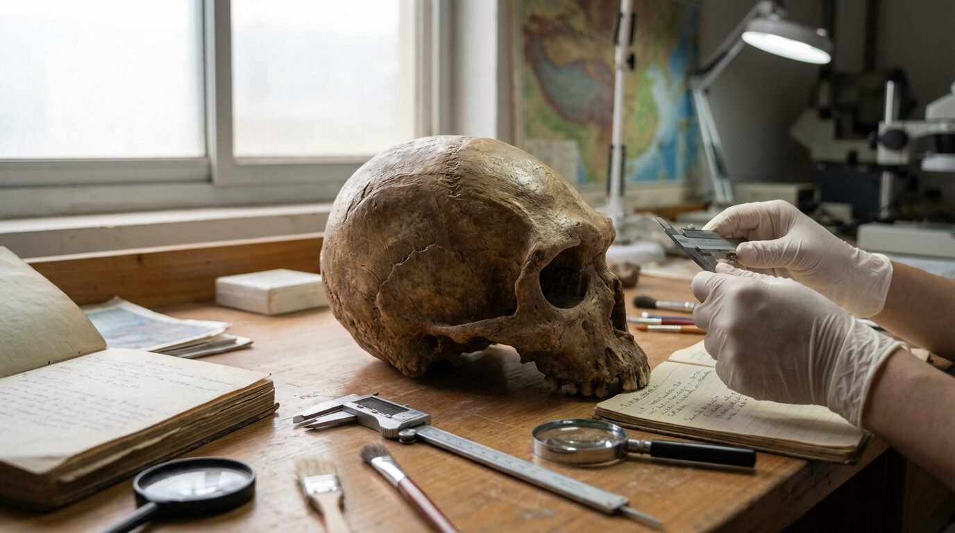 Crânio fóssil Yunxian 2 reconstruído digitalmente em laboratório na China, com marcações anatômicas visíveis