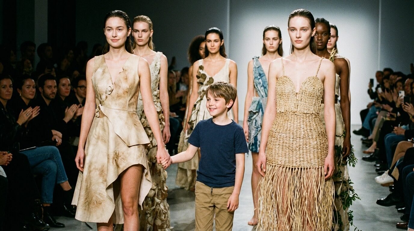 Max Alexander, 9 anos, desfilando coleção sustentável na Semana de Moda de Paris