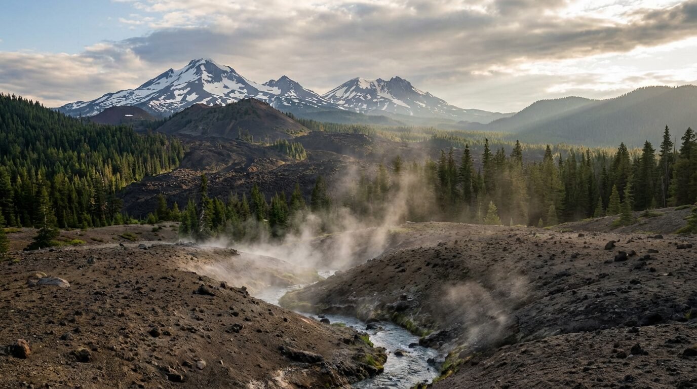 Picos vulcânicos das Cascades no Oregon com neve derretendo sobre rochas porosas que alimentam um grande aquífero subterrâneo