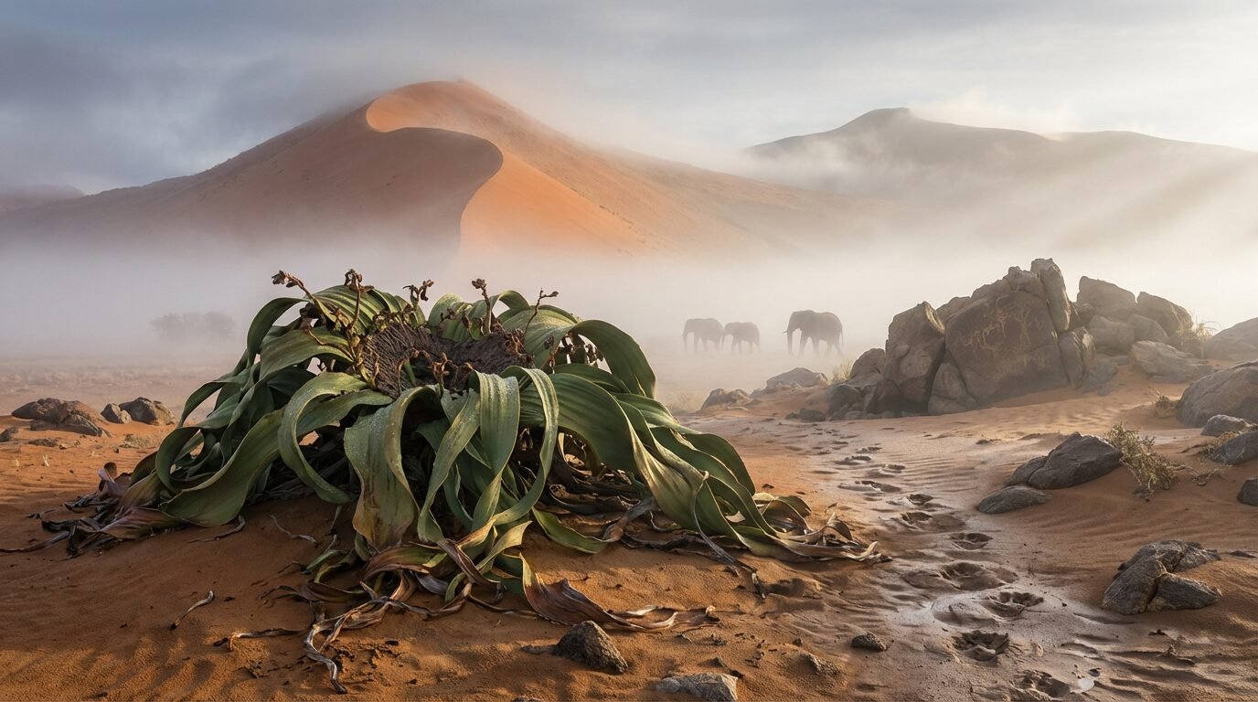 Dunas do deserto da Namíbia com neblina costeira e uma Welwitschia mirabilis ao amanhecer