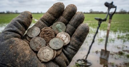 Achado casual em Leicestershire transforma passeio com detector de metais em tesouro com 50 moedas romanas, coleção rara vai a leilão na Noonans Mayfair com estimativa de até £1.500 e registro de nova variedade