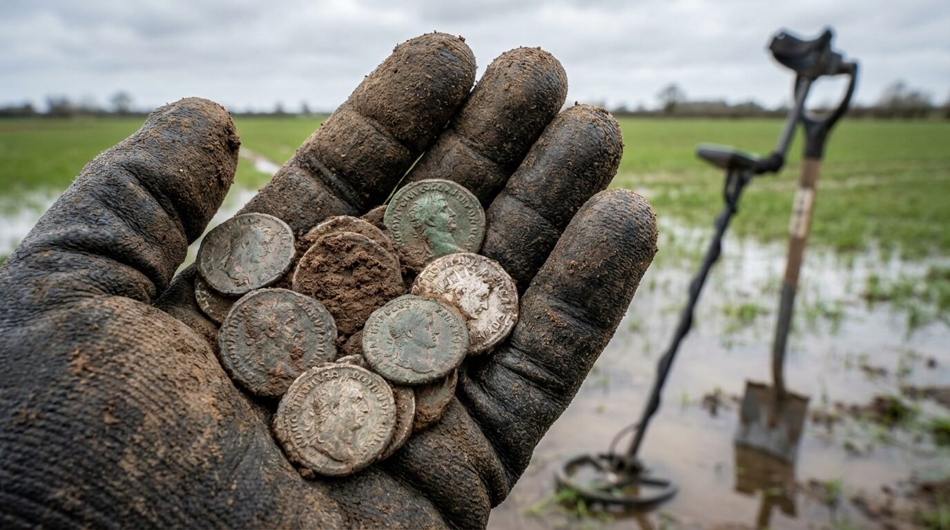 Moedas romanas do século III encontradas em Sapcote, Leicestershire, exibidas na mão com um campo ao fundo