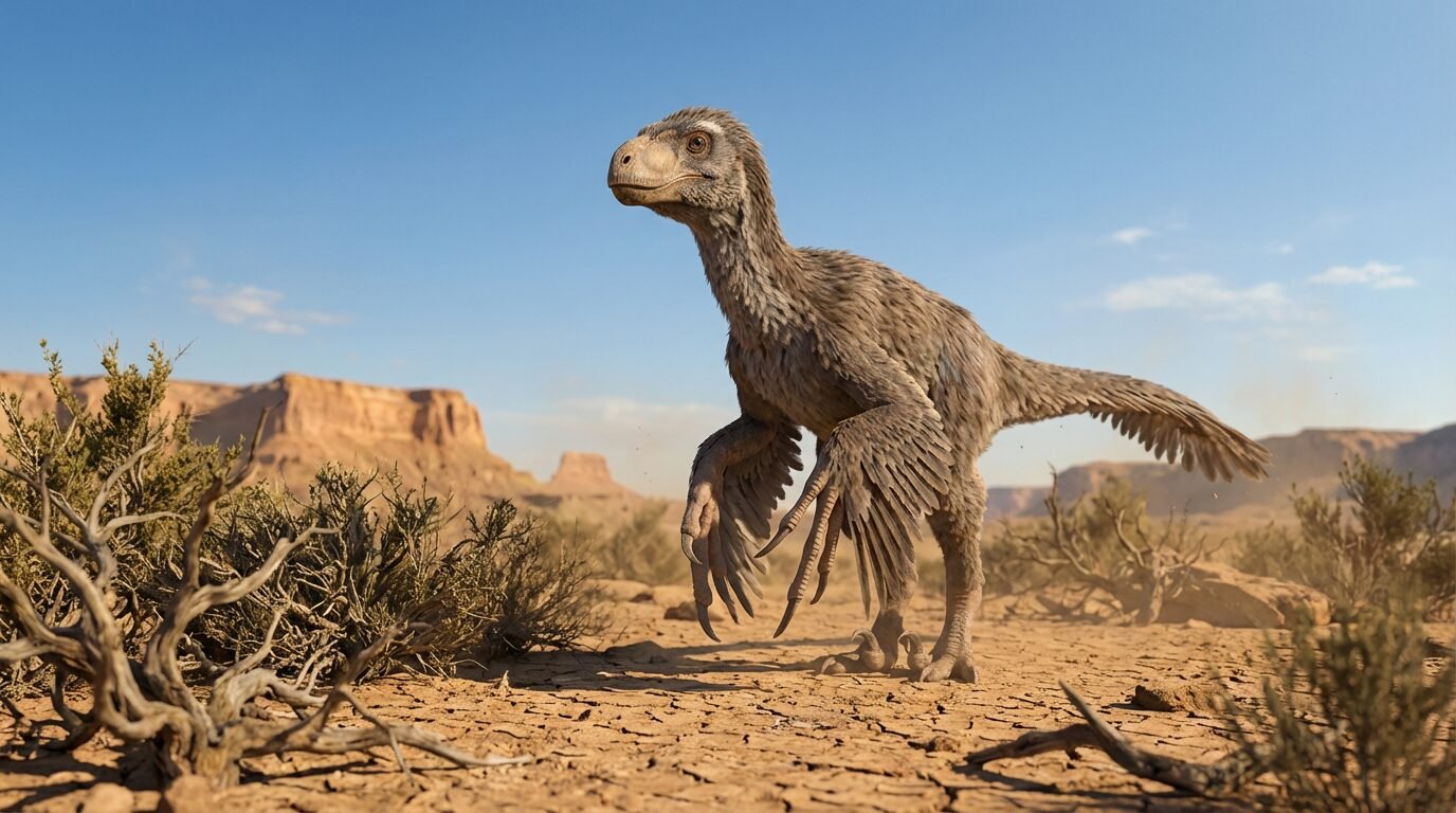 Reconstrução do dinossauro Mexidracon longimanus com mãos muito alongadas em paisagem do Cretáceo em Coahuila, México