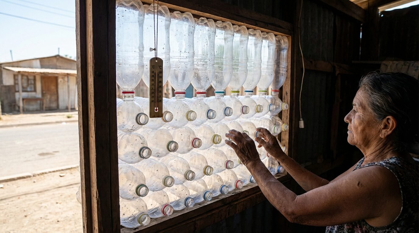 Painel Eco-Cooler com garrafas PET instaladas em janela, resfriando ambiente sem eletricidade
