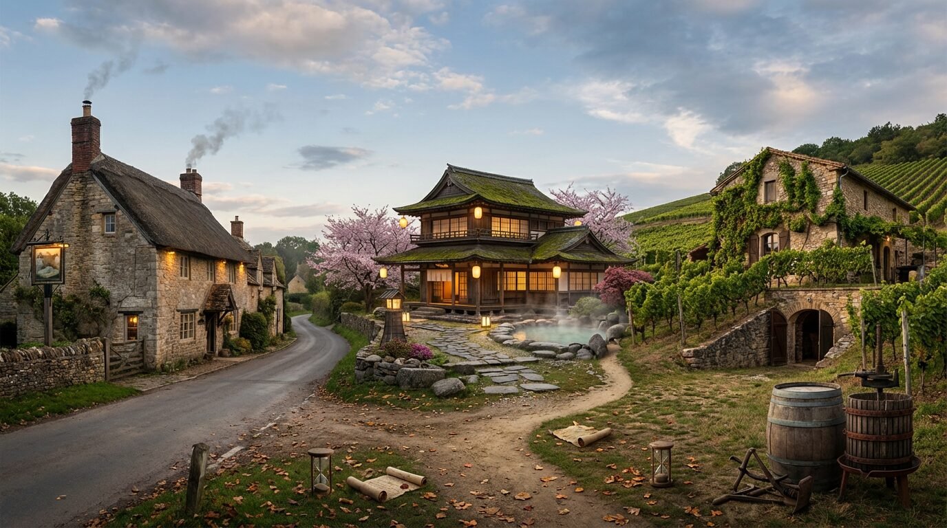 Fachadas históricas de empresas milenares no Japão e na Europa em ambientes preservados