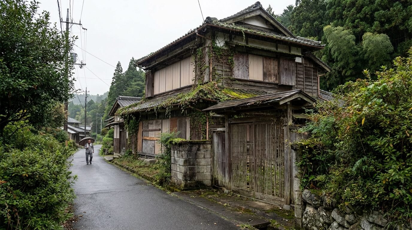 Casas abandonadas no Japão, conhecidas como akiya, em área rural com sinais de deterioração