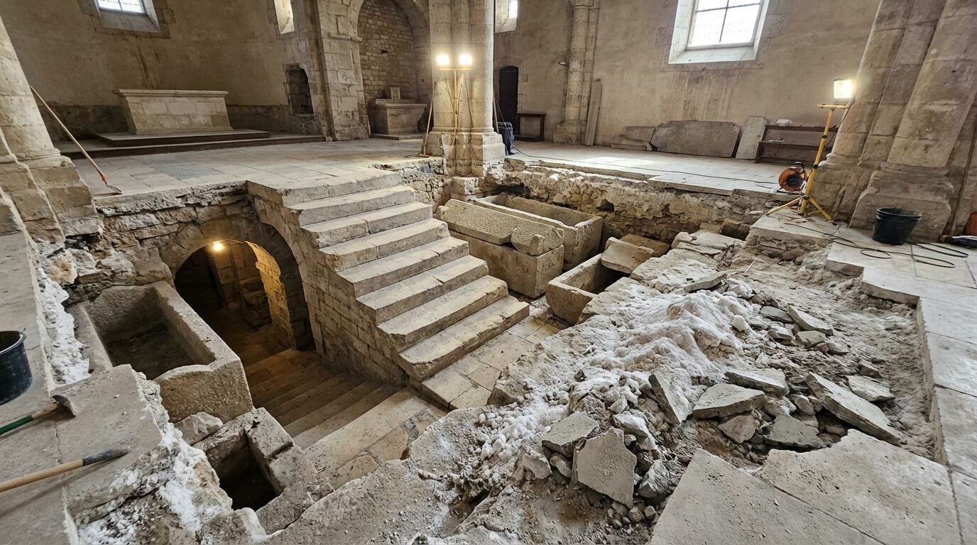 Escadaria de pedra descoberta sob o piso da Igreja de São Filiberto em Dijon, com sarcófagos antigos ao fundo