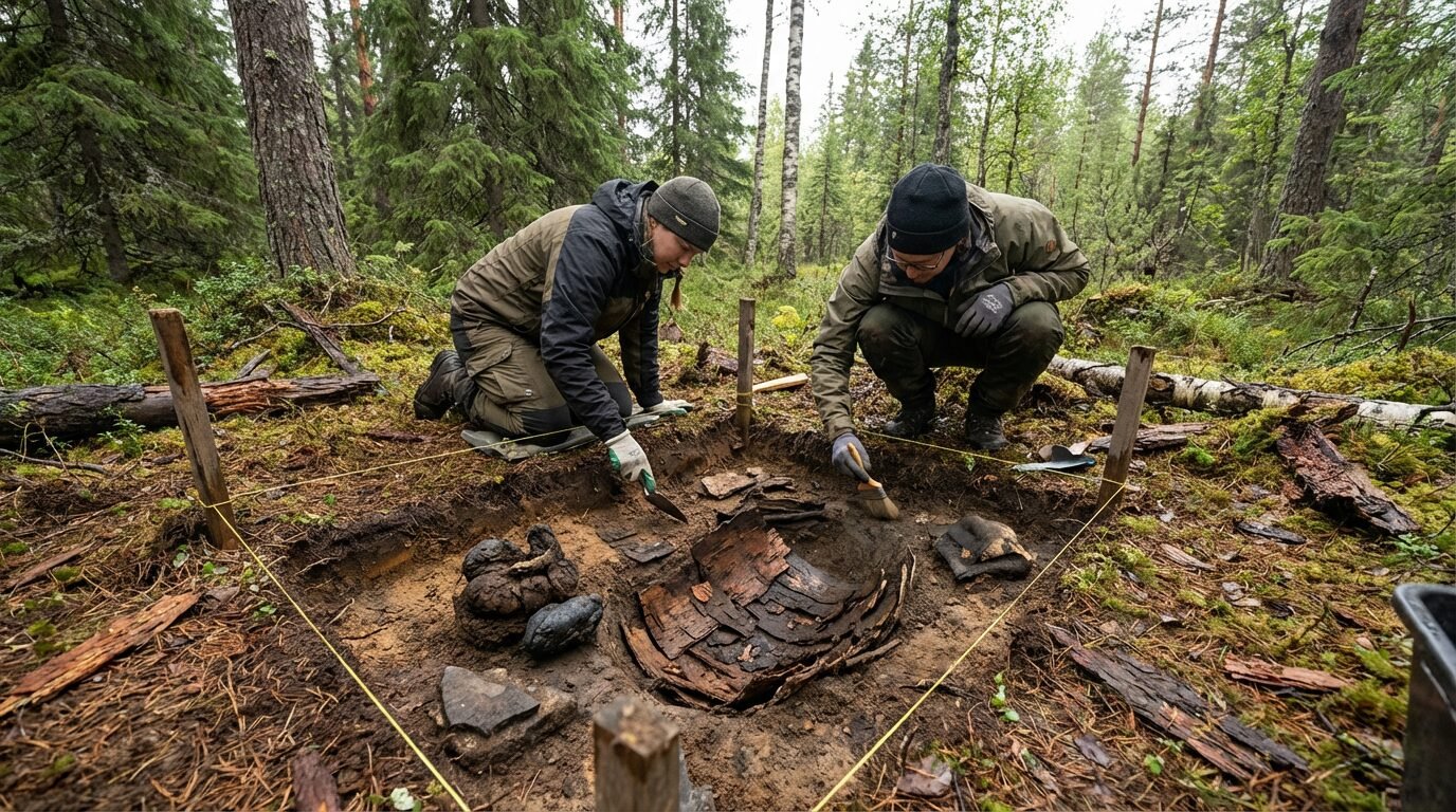 Arqueólogos examinam abertura forrada com cascas de bétula na Base Elmendorf-Richardson, em Anchorage, no Alasca