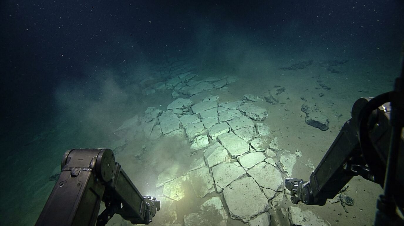 Formação rochosa no fundo do Pacífico com fraturas retas que parecem uma estrada de tijolos amarelos, registrada pelo Nautilus em 2022