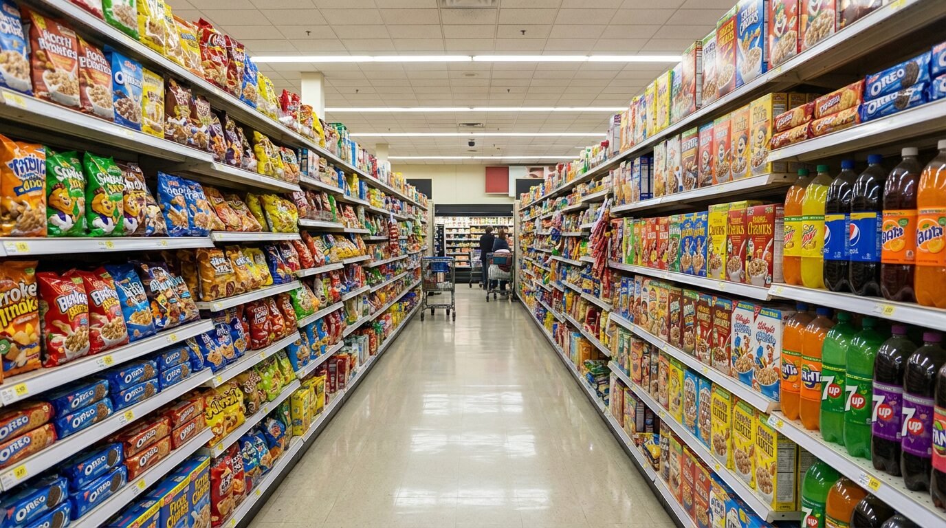 Prateleira de supermercado com salgadinhos, biscoitos e refrigerantes embalados, destacando produtos ultraprocessados