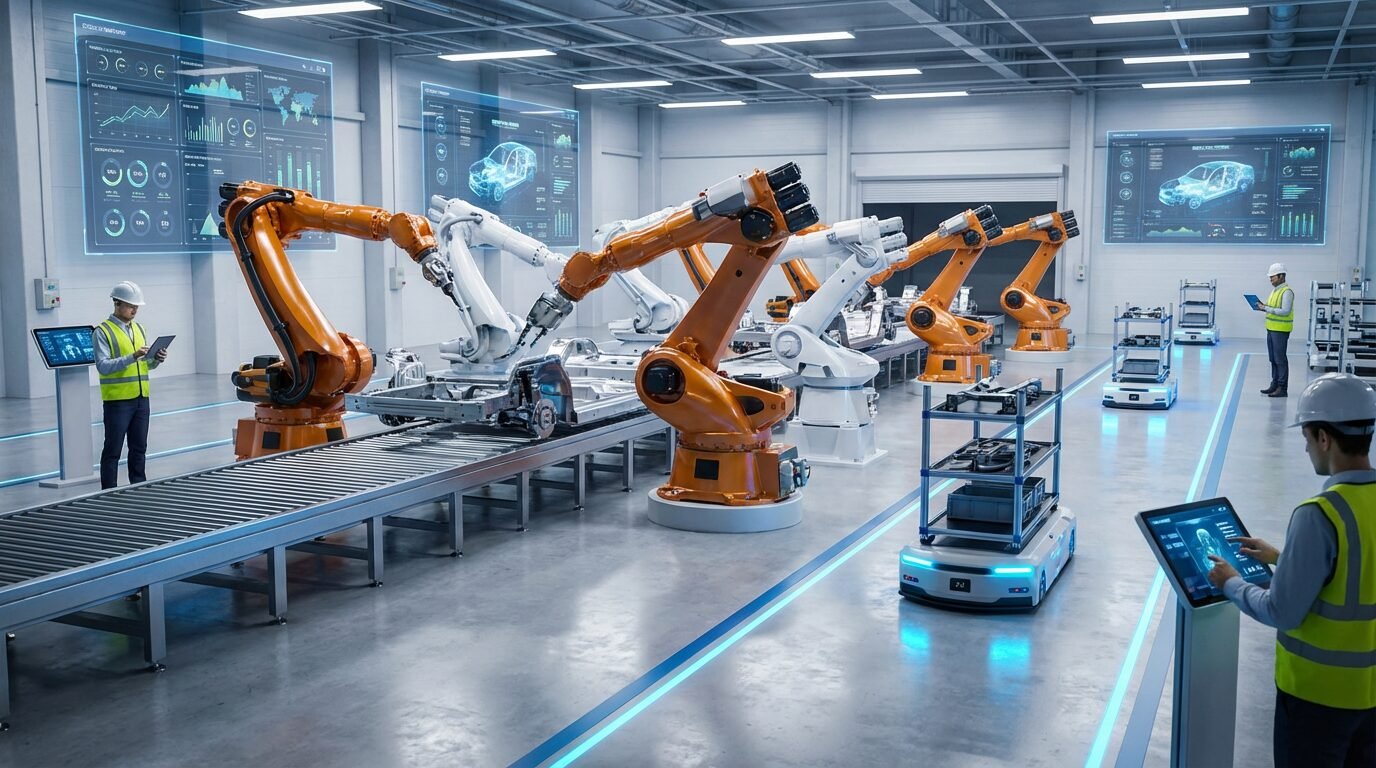 Linha de montagem da Renault no Complexo Ayrton Senna em São José dos Pinhais com robôs e AGVs em operação