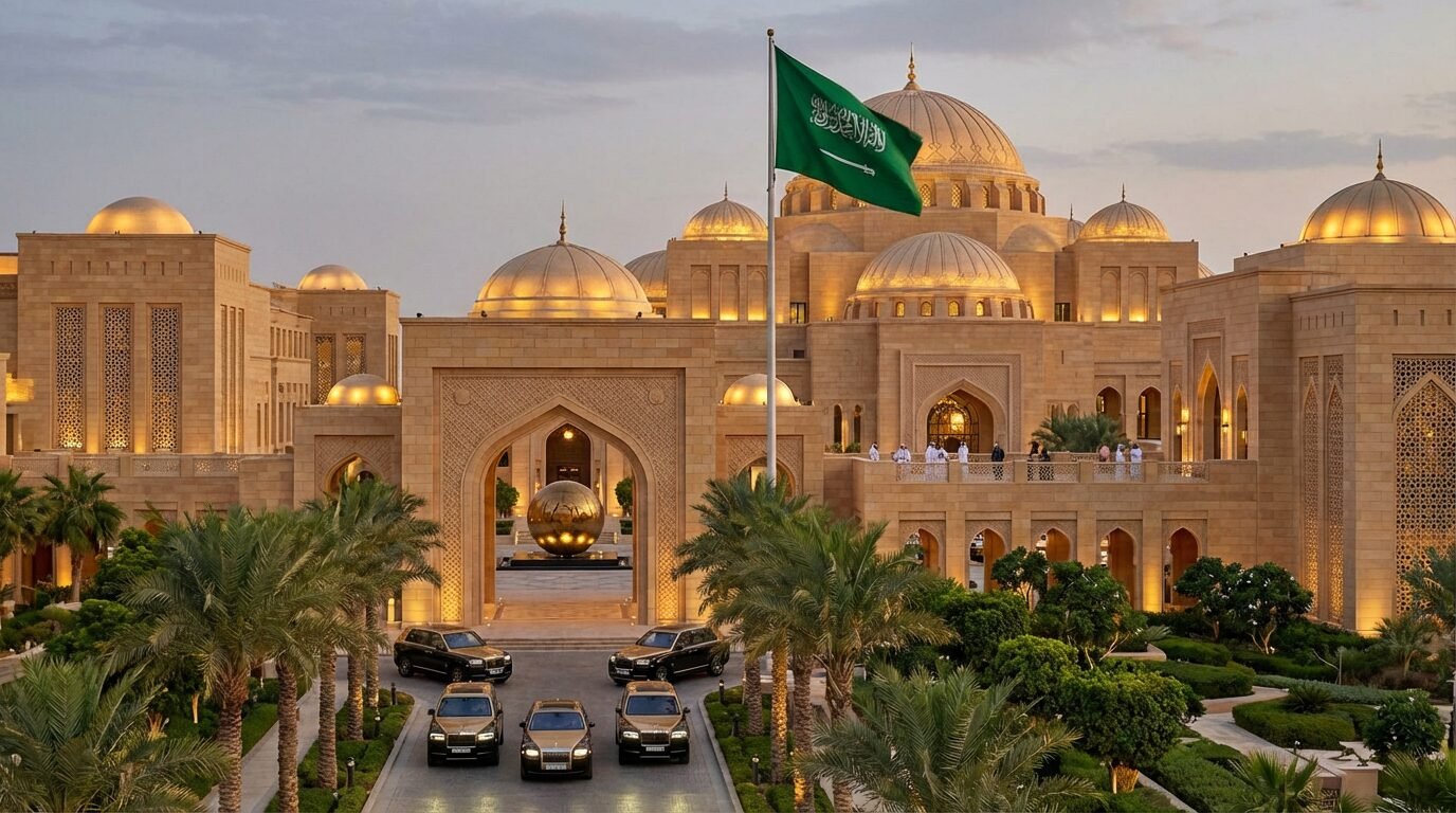 Vista de um palácio real em Riad com bandeira da Arábia Saudita ao vento