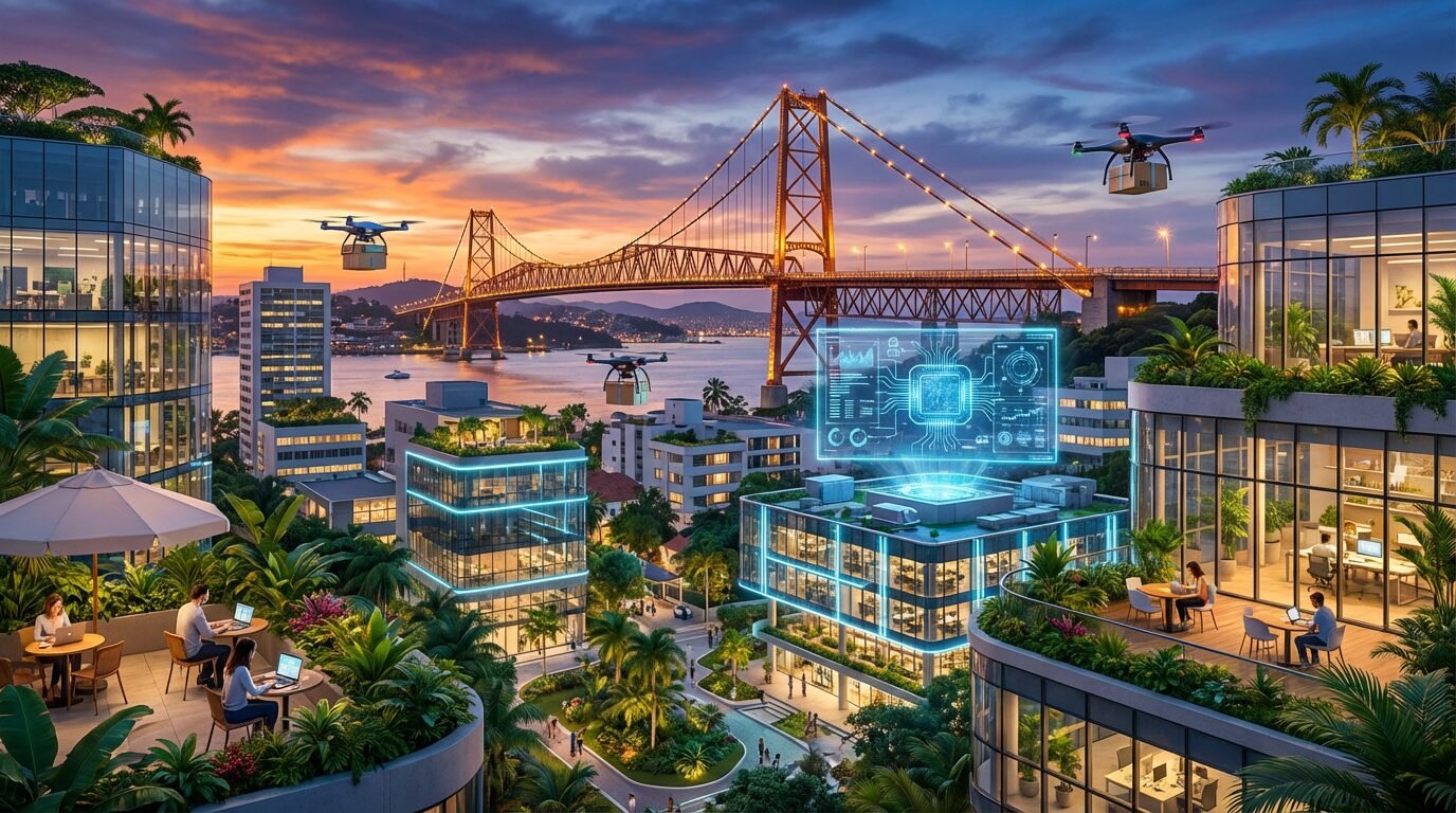 Vista de Florianópolis com prédios modernos, centros de inovação e ambiente urbano voltado à tecnologia