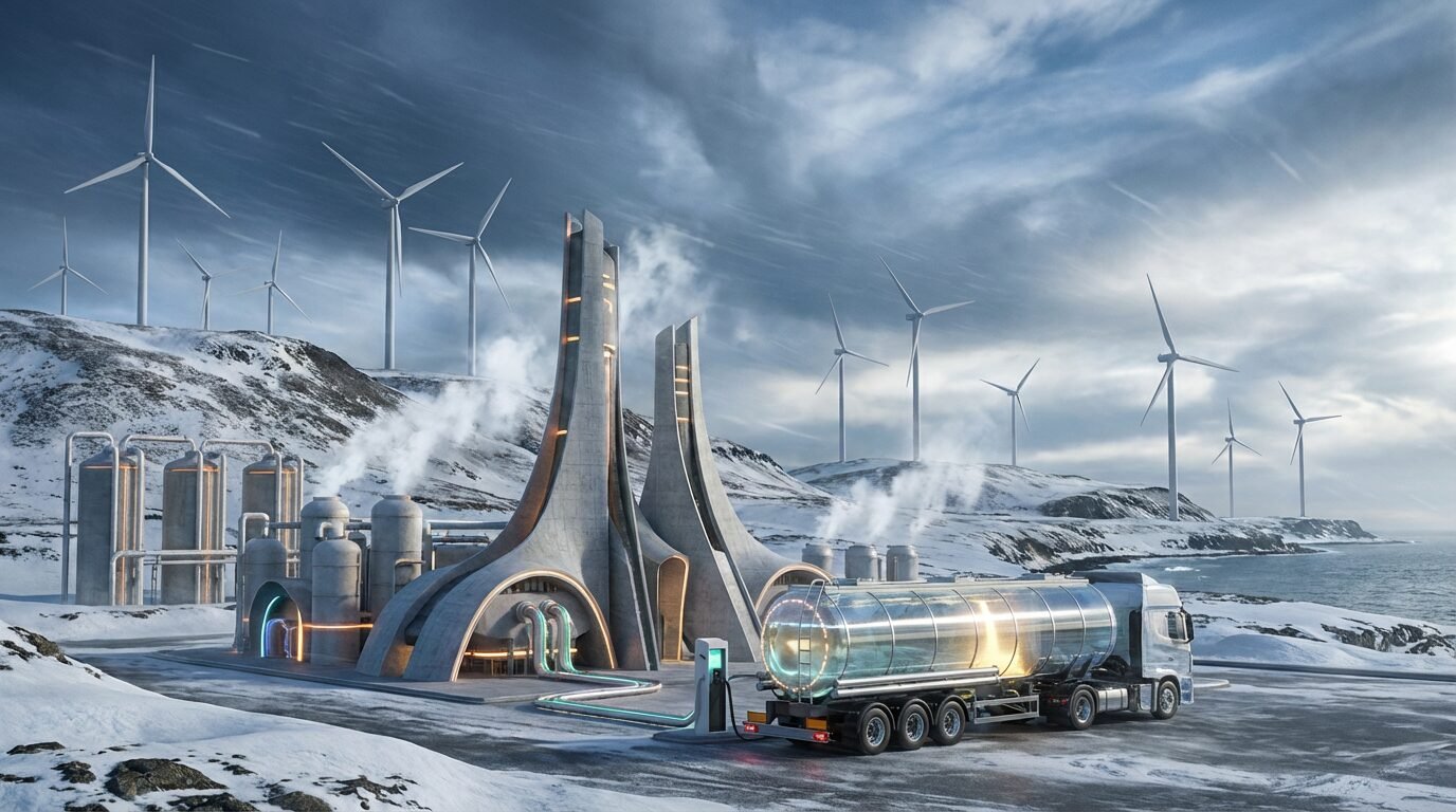 Planta Haru Oni em Punta Arenas, Chile, com turbinas eólicas e tanques produzindo gasolina sintética