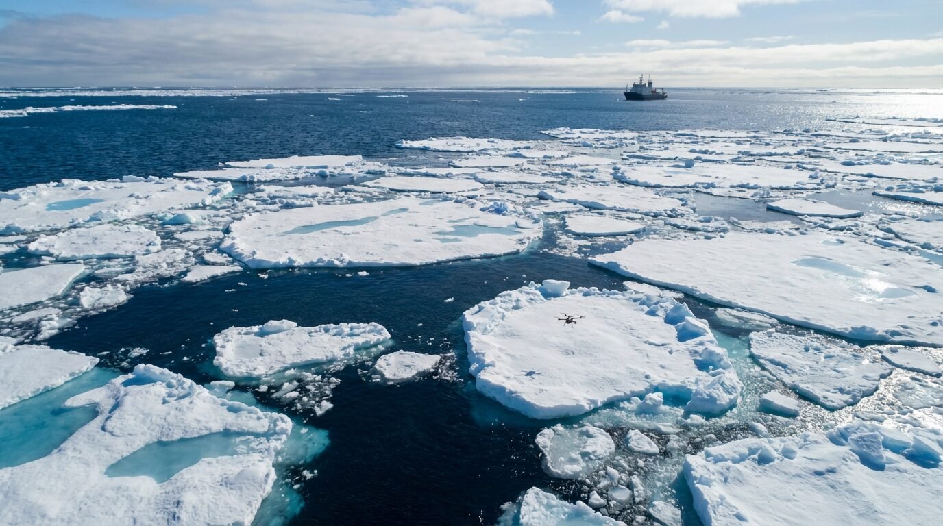 Vista aérea de placas de gelo marinho fragmentadas no Oceano Antártico durante o verão austral